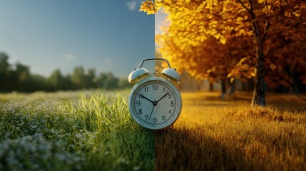 alarm clock on meadow between green grass and golden autumn trees, representing the shift of seasons, summer to fall, daylight saving time, and natural cycles in a peaceful rural setting