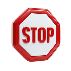 3D render of a red octagonal stop sign with white background and bold red lettering. background removed