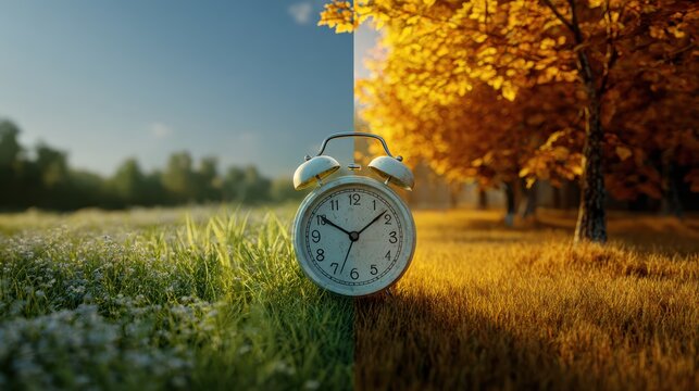 alarm clock on meadow between green grass and golden autumn trees, representing the shift of seasons, summer to fall, daylight saving time, and natural cycles in a peaceful rural setting