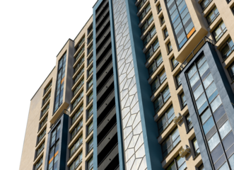 Contemporary high rise condominium with glass facade, balconies and modern design in developing