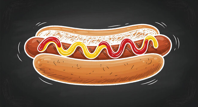 Vintage style chalkboard illustration of hand drawn sketch of hotdog on chalkboard, delicious fast food with sausage, mustard and ketchup in a bun