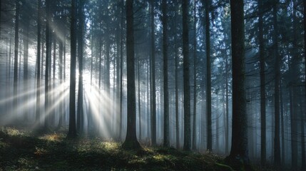 Fototapeta premium A serene and peaceful forest scene with sunlight shining through the trees. The sunlight creates a beautiful and calming atmosphere, as it illuminates the forest floor and the trees
