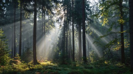 Obraz premium The sun is shining through the trees, casting a warm glow on the forest floor. The light is creating a peaceful and serene atmosphere, inviting one to take a moment to appreciate the beauty of nature