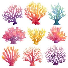 Colorful coral reef.  A collection of 9 stylized coral shapes.  Each coral is a different vibrant color, including shades of orange, pink, purple, yellow, and teal. 
