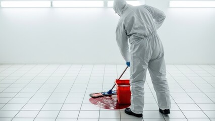 Someone in a hazmat suit mops up a pool of red liquid on a white tile floor.
