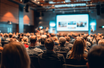 A large group of people are sitting in an auditorium, listening to someone giving their presentation on the stage with a white screen at one end and another person presenting from it