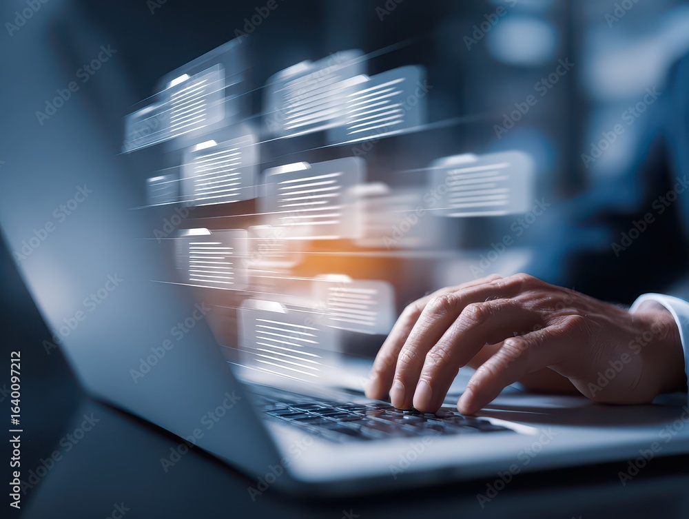 Poster businessmen use laptops to searching, managing and access information in files online document datab