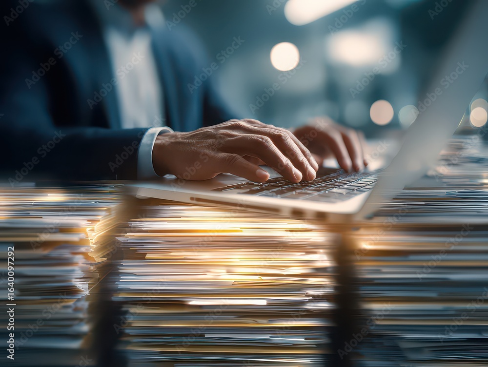 Poster businessmen use laptops to searching, managing and access information in files online document datab