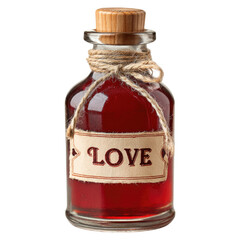 A glass bottle with a cork stopper, tied with twine, contains a red liquid and a label that says 'LOVE'. background removed