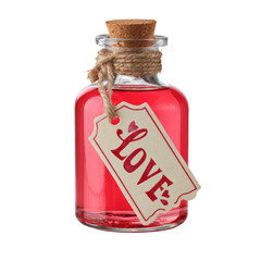 A glass bottle with a cork stopper, filled with pink liquid and a tag that says 'LOVE'. background removed
