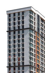 Contemporary multistorey condominium tower with facade and balconies in developing metropolitan