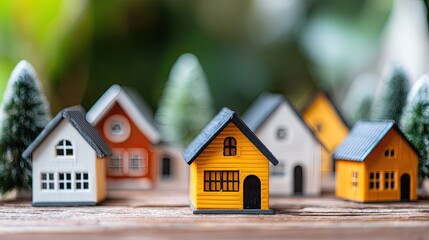 Charming row of colorful miniature houses with lush green foliage creating a whimsical neighborhood scene perfect for real estate or lifestyle concepts