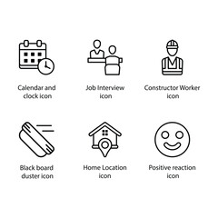 Fototapeta premium Calendar and clock, Job Interview, Constructor Worker, Black board duster, Home Location, Positive reaction, icon
