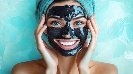A joyful woman in a black mask enjoys a relaxing day at a spa, promoting skincare and selfcare for wellness