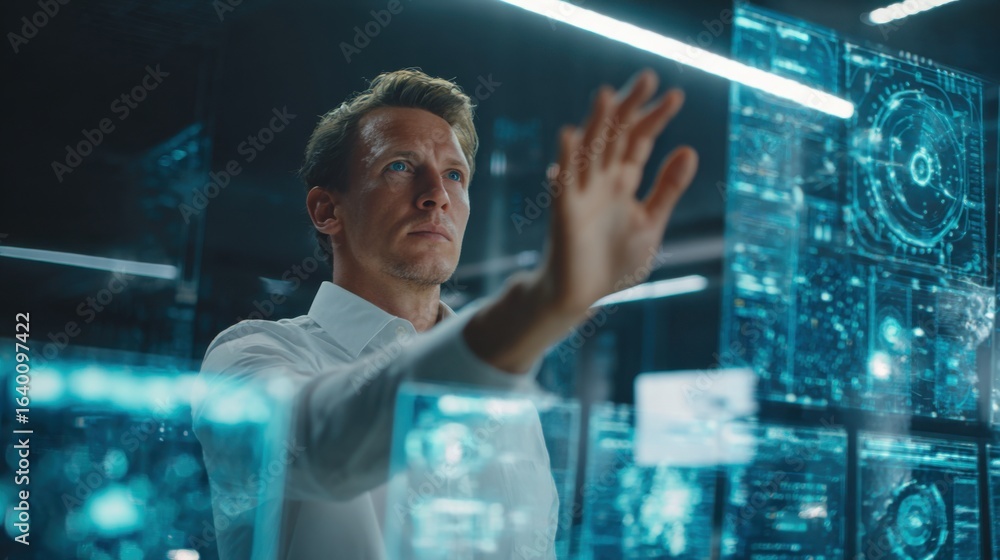 Poster a man is looking at a computer screen with a blue screen. he is pointing at something on the screen
