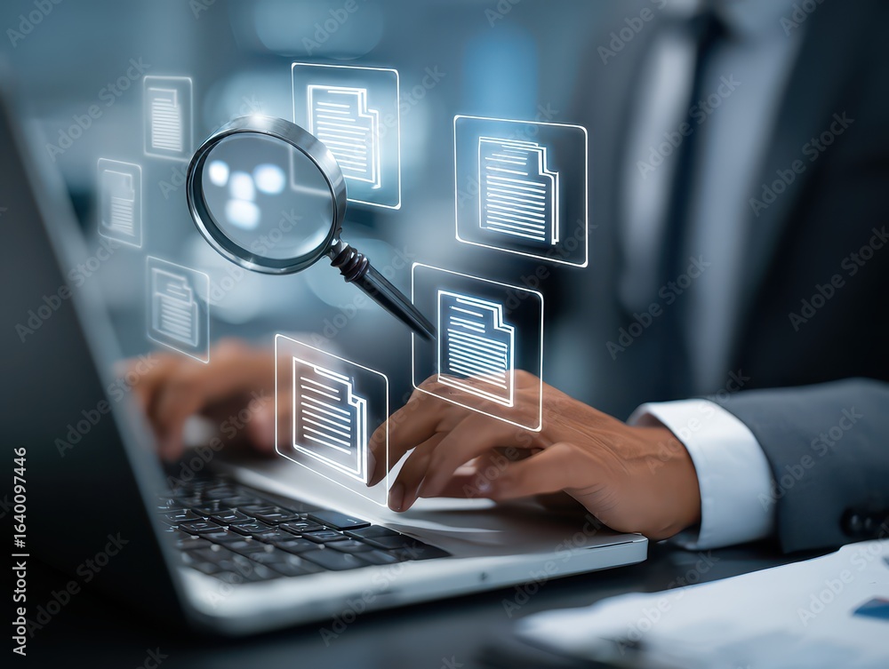 Poster businessmen use laptops to searching, managing and access information in files online document datab