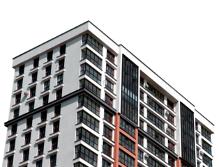 Contemporary multistorey residential building with glass facade and balconies in developing