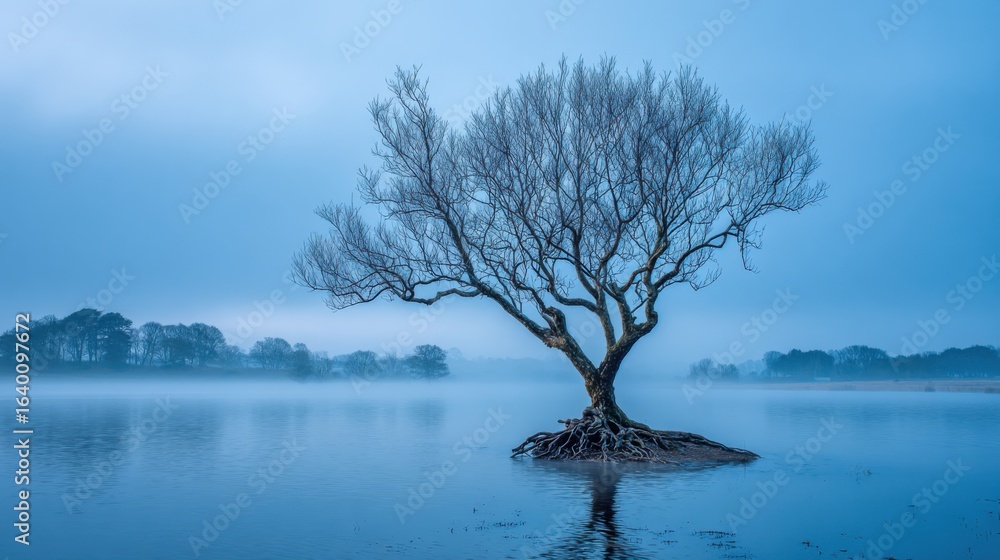 Poster a tree is floating in the water with the sky in the background. the sky is cloudy and the water is c