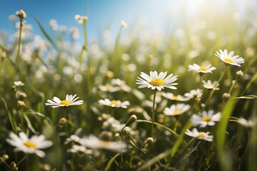 Sunlight illuminates a field of daisies, creating a vibrant and cheerful scene of natural beauty