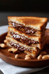 Delicious grilled nutella and peanut butter sandwich with almonds