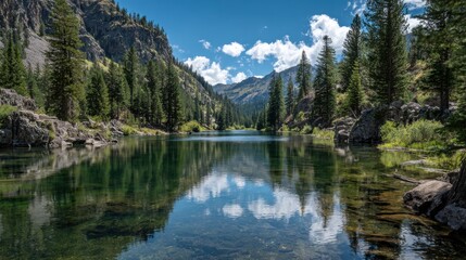 A beautiful lake surrounded by trees and mountains. The water is calm and clear, reflecting the sky and the trees. The scene is peaceful and serene