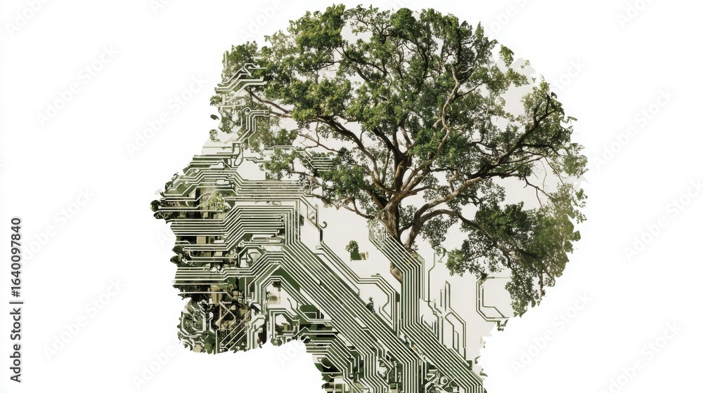 Poster a brain with a tree growing out of it. the brain is made of wires and the tree is made of leaves. co