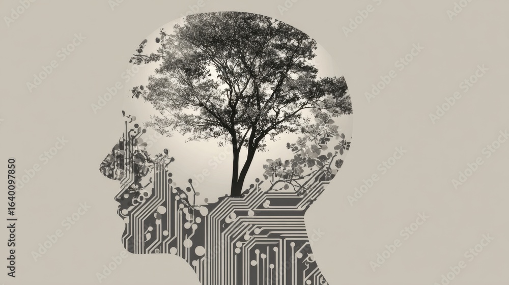 Poster a head with a tree in the middle of it. the head is surrounded by a lot of wires and circuits. conce