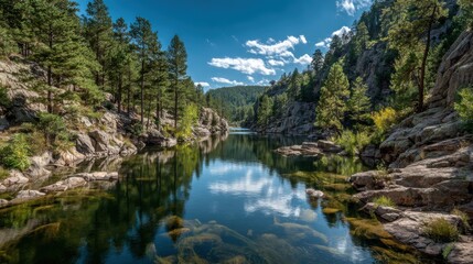 A beautiful mountain valley with a river running through it. The water is calm and clear, and the trees lining the riverbank are lush and green. The scene is peaceful and serene
