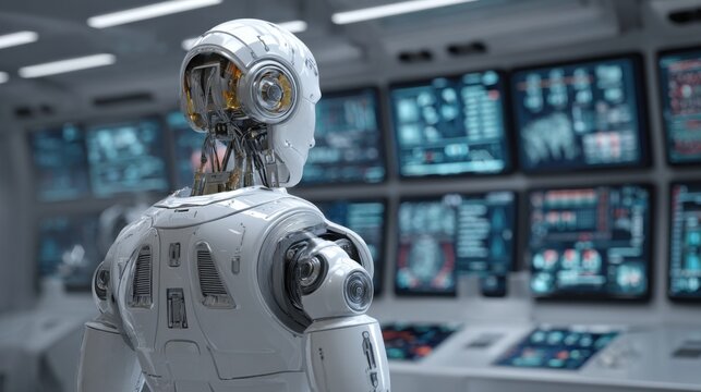 A robot is standing in front of a computer monitor. The robot is white and has a metallic appearance. The computer monitor is displaying various images and text, creating a futuristic - Powered by Adobe