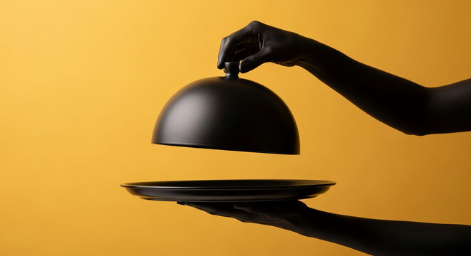 Black hand lifts a black cloche over a black plate against a yellow background, showcasing a minimalist presentation style suitable for food, restaurant, or product display