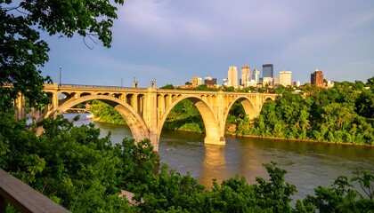 Fototapeta premium A view of a bridge spanning a river with a city skyline in the background.
