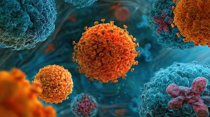 Vibrant microscopic view of dangerous viruses and cells, showcasing intricate cellular structures in a dynamic, scientific, and medical context.