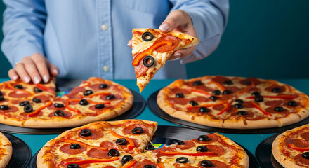 Woman's hand holding pepperoni pizza slice with olives and peppers, multiple pizzas on vinyl records, teal background showcasing food photography concept