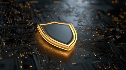 A glowing black shield with a yellow border sits on a black surface. The shield is surrounded by a glowing, metallic frame. Concept of security and protection