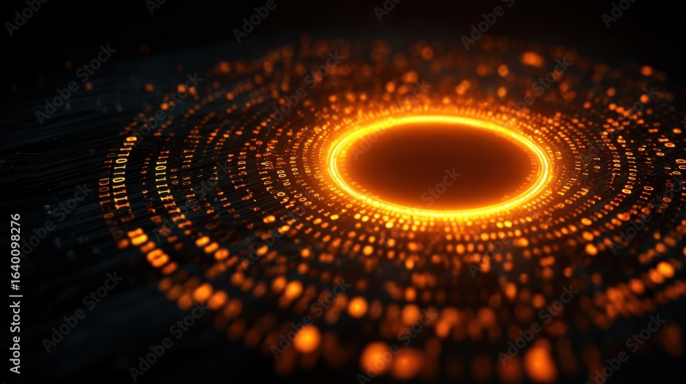 Poster a glowing orange circle with a black background. the circle is surrounded by a series of smaller cir