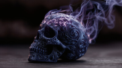 Ornate carved skull with amethyst flame and smoke, dark fantasy art