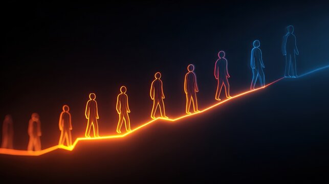 A group of people walking up a hill. The people are in different colors, and the hill is lit up