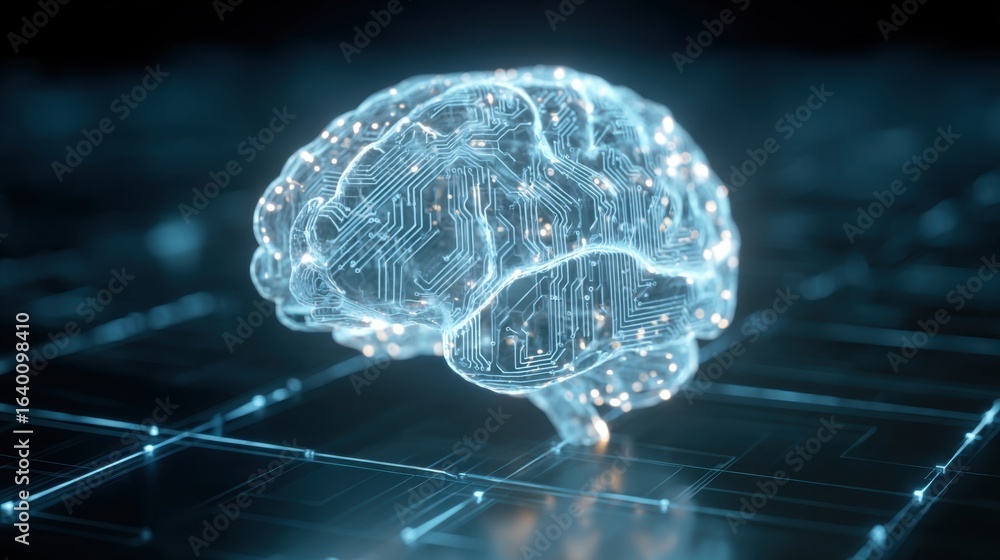 Poster a brain made of electronic circuitry is displayed on a black background. the brain is surrounded by 