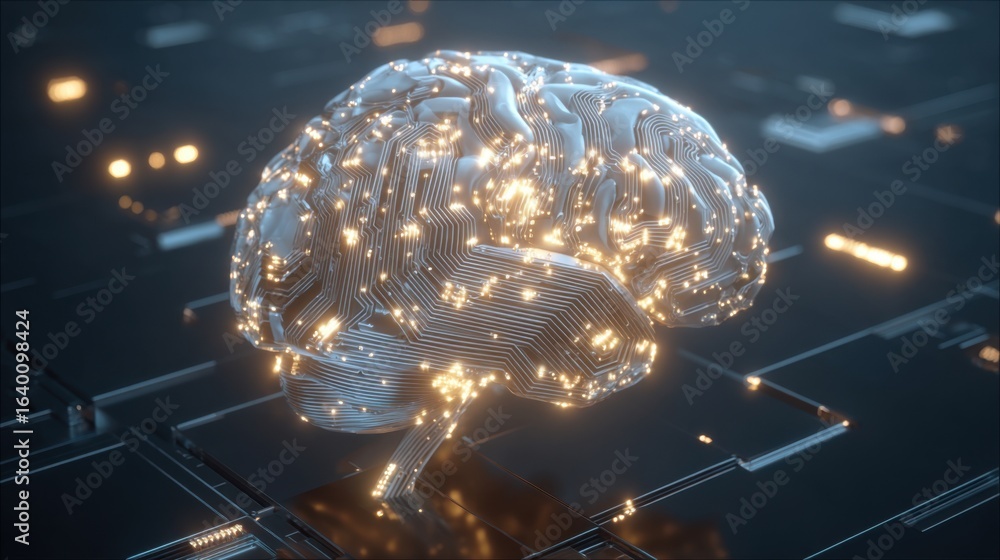 Poster a brain made of wires and circuits. the brain is glowing and has a futuristic look. concept of advan