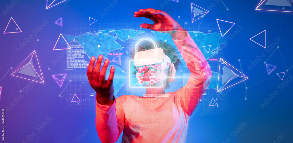 Poster explore the dynamic interface of cyber security through virtual reality, emphasizing the significanc