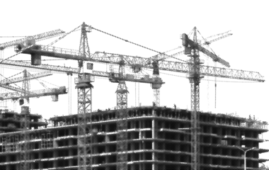 Halftone monochrome view of construction cranes over high rise concrete structure in urban district.