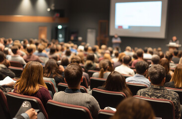 A large group of people are sitting in an auditorium, listening to someone giving their presentation on the stage with a white screen at one end and another person presenting from it