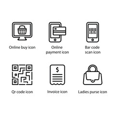 Online buy, Online payment, Bar code scan, Qr code, Invoice, Ladies purse, icon