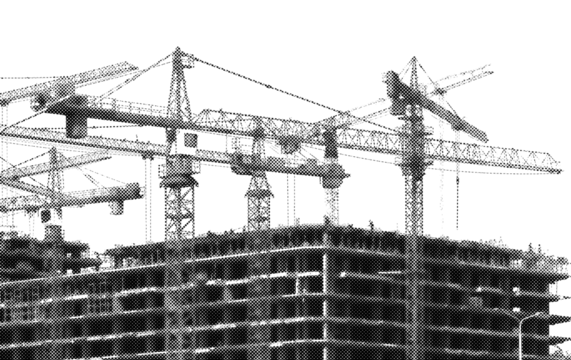 Halftone monochrome view of construction cranes over high rise concrete structure in urban district.
