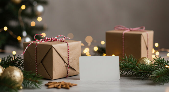 Christmas gift card mockup with wrapped presents and holiday decorations festive season background