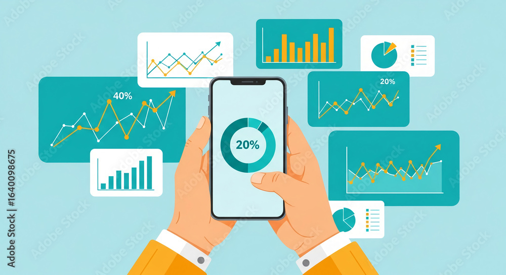 Poster hands holding smartphone displaying data charts and graphs, illustrating business analytics and mobi