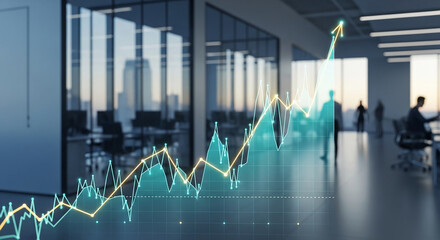 Growth chart overlay on blurred office background, showing upward trend line and data points, symbolizing business success and progress