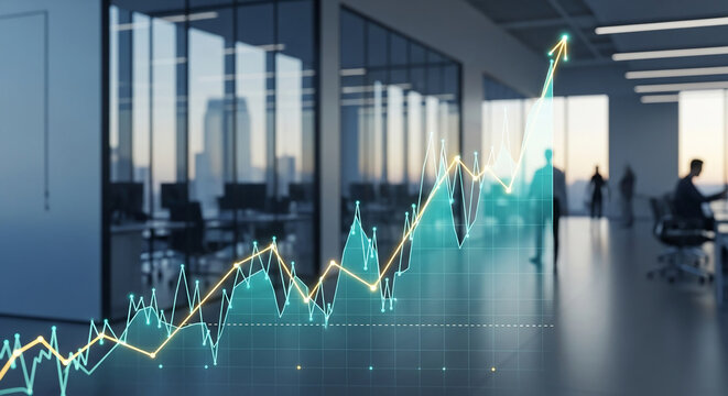 Growth chart overlay on blurred office background, showing upward trend line and data points, symbolizing business success and progress