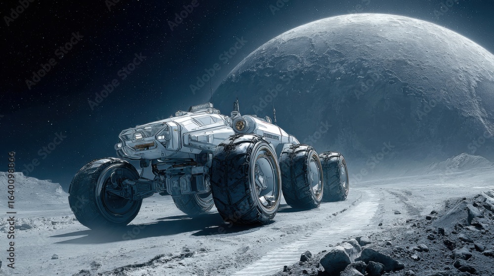 Poster a large white vehicle is driving on a rocky surface. the vehicle is surrounded by a dark sky and a l