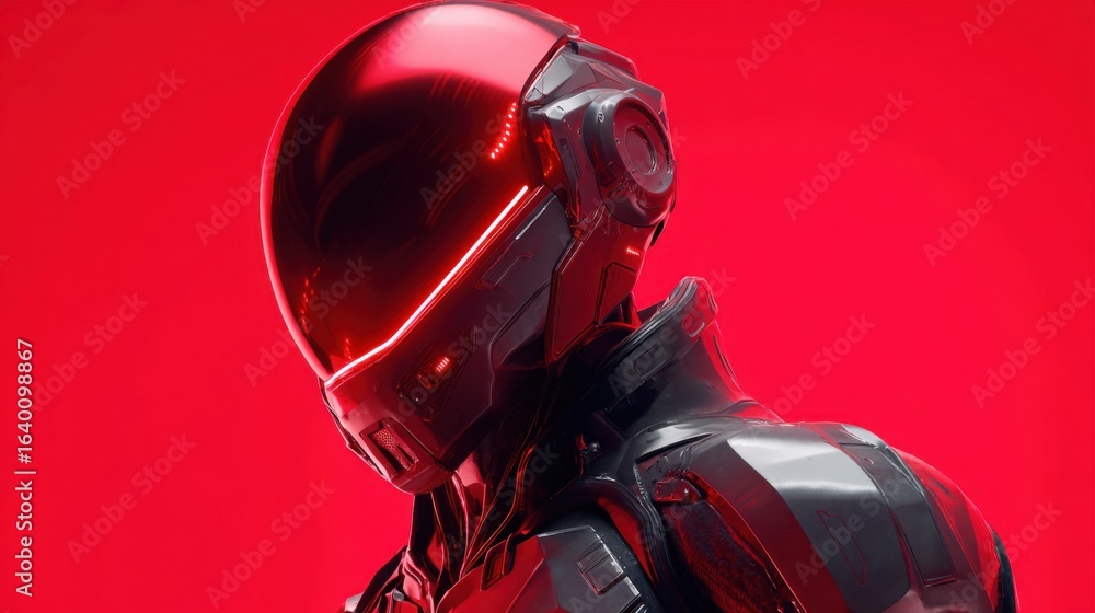 Poster a robot with a red helmet and a black jacket. the robot is standing in front of a red background
